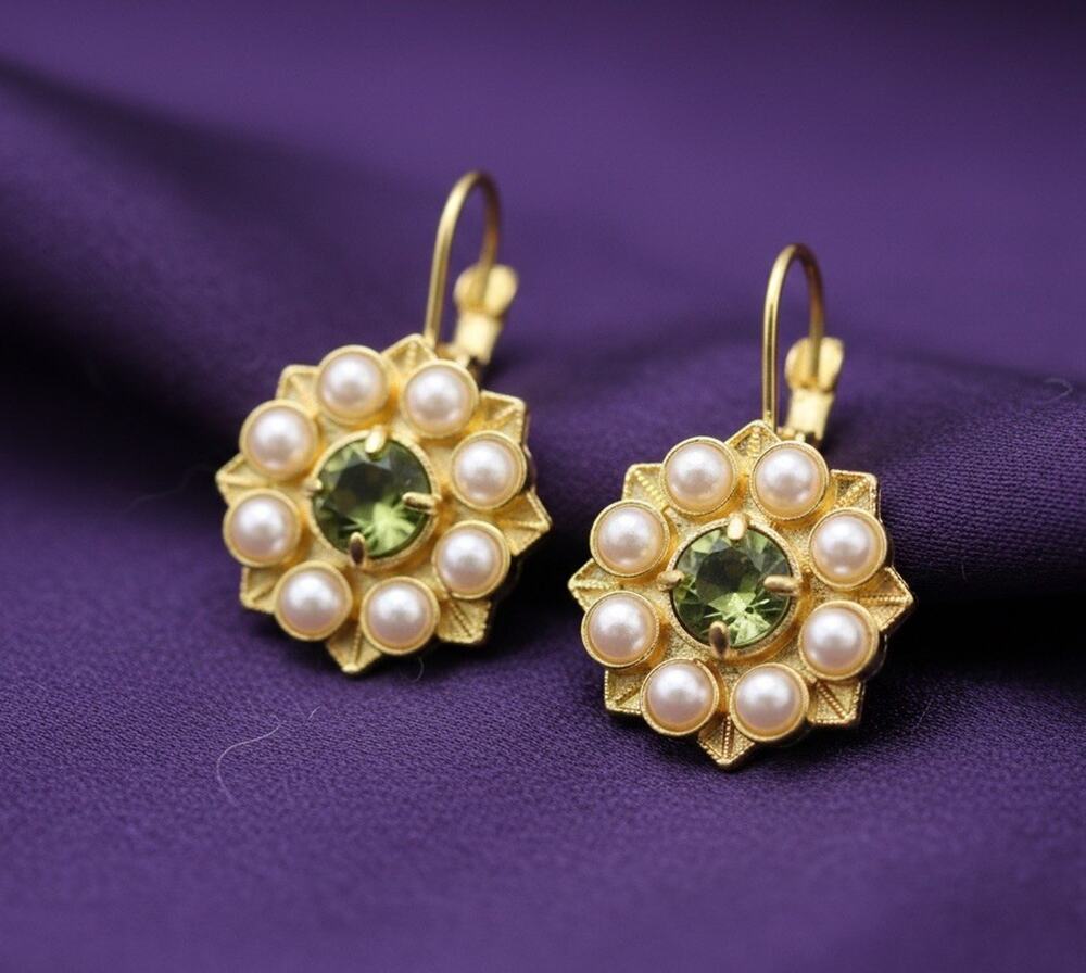 Museum Flower Earrings 18K Gold Antique Peridot Pearl Court Deco Palace Art VTG